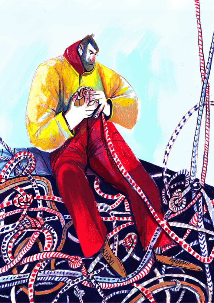 Focused Sailor Untangling Ropes by Olga Skomorokhova — canvas wall art