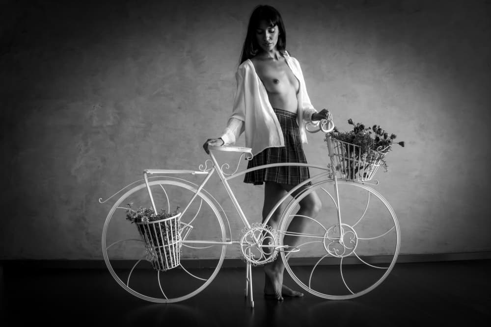 Elegant Bicycle Nude by Shuki Laufer — canvas wall art