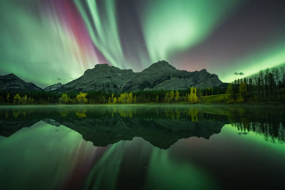 Northern Lights Mountain Reflection by Yongnan Li （李永男） — canvas wall art