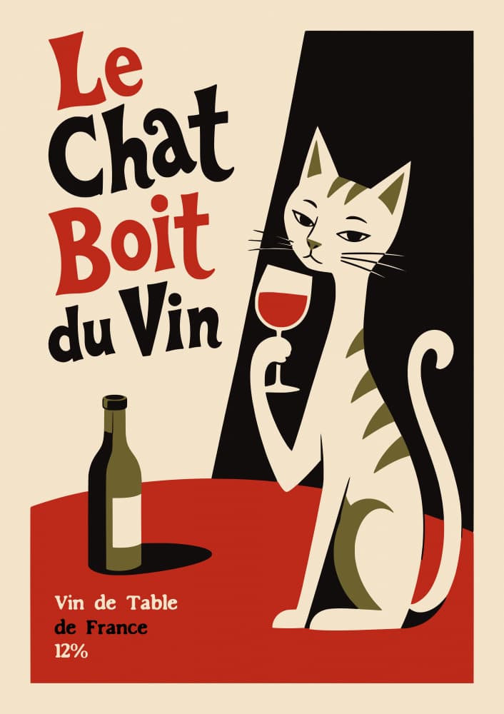 French Cat Drinks Wine by Patryk Krygowski — canvas wall art