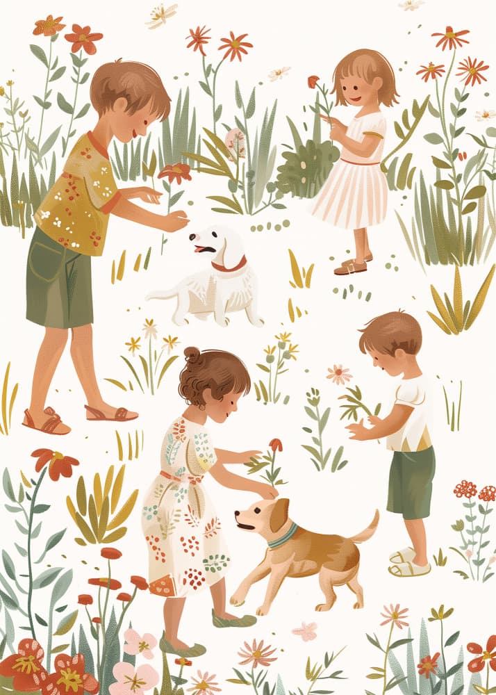 Children and Dogs in Flowers by Old Artists Studio IV — canvas wall art
