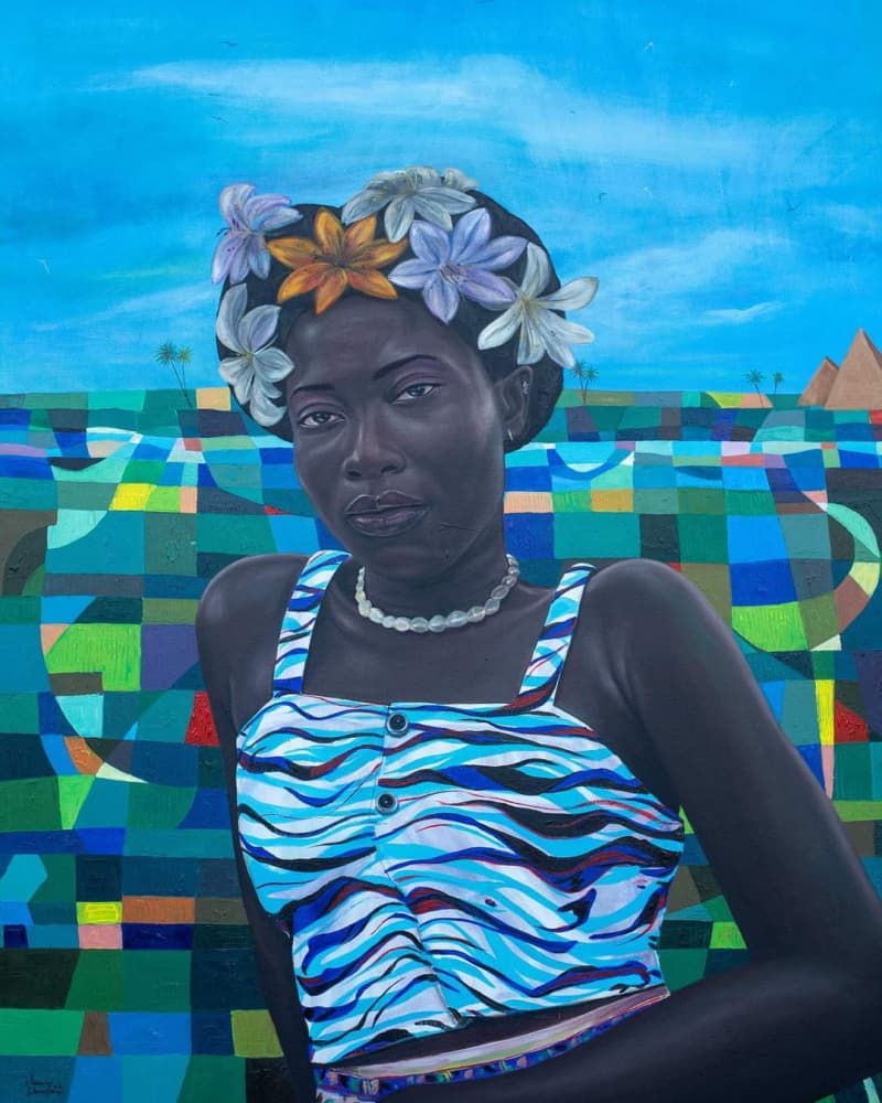 Female Portrait with Flower Crown by Damilare Jamiu — canvas wall art