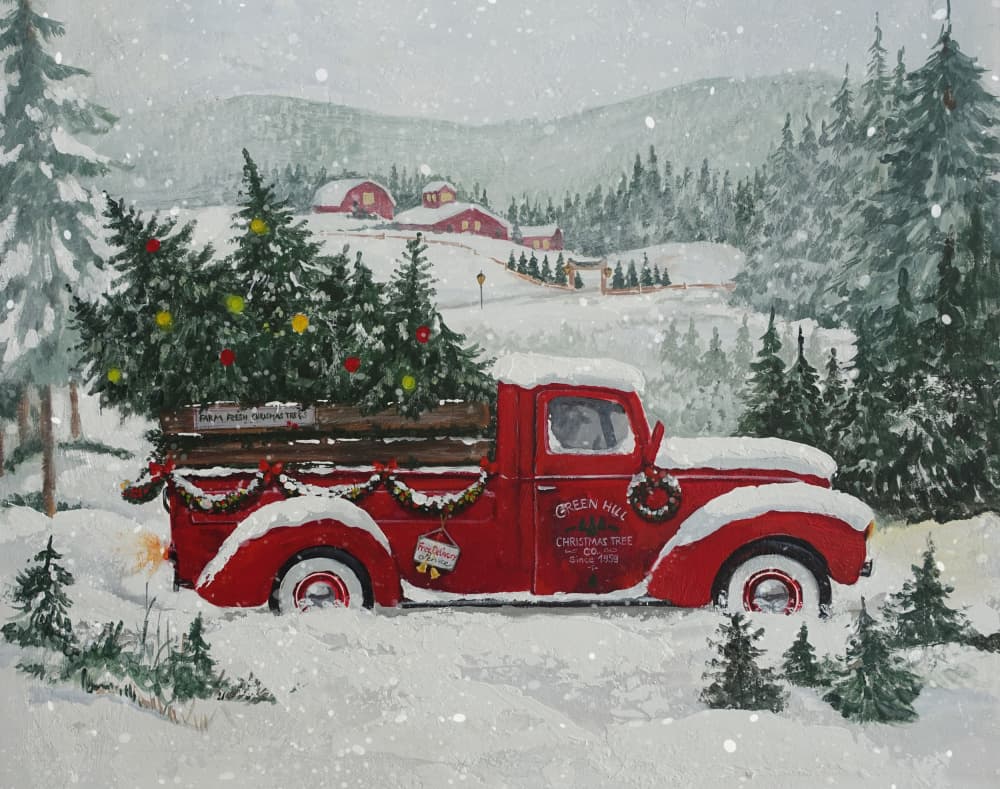 Red Truck Christmas Snow by Renate Holzner — canvas wall art