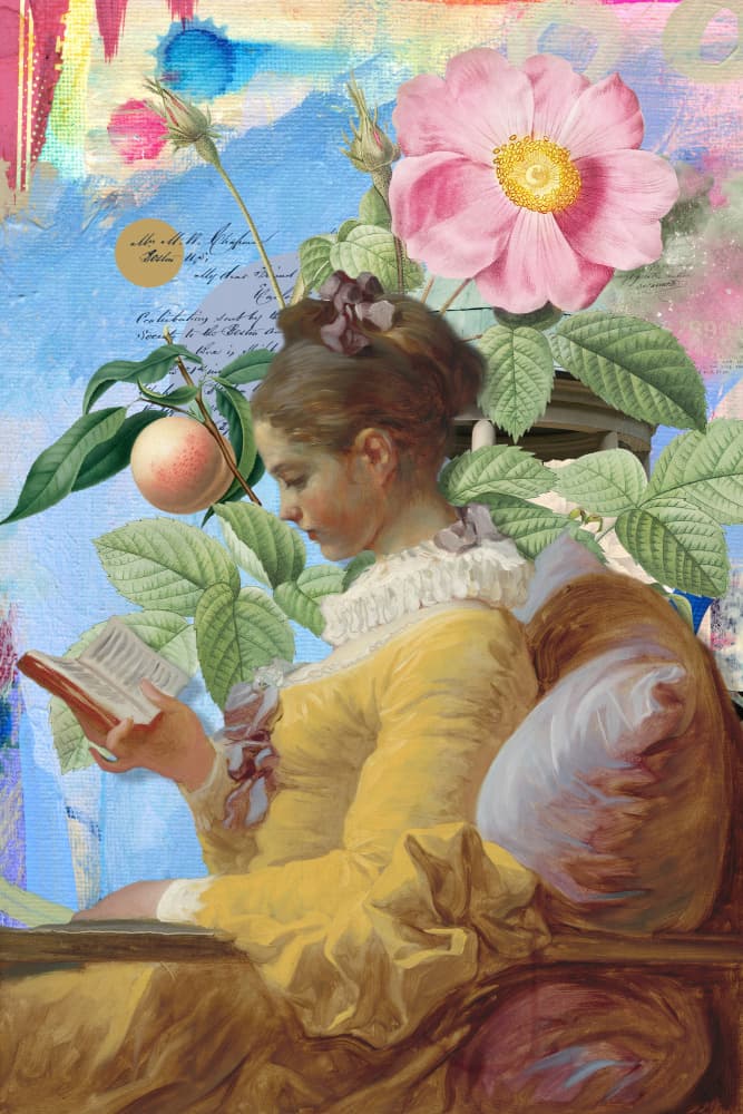 Girl Reading Garden Rose by Marja van den Hurk — canvas wall art