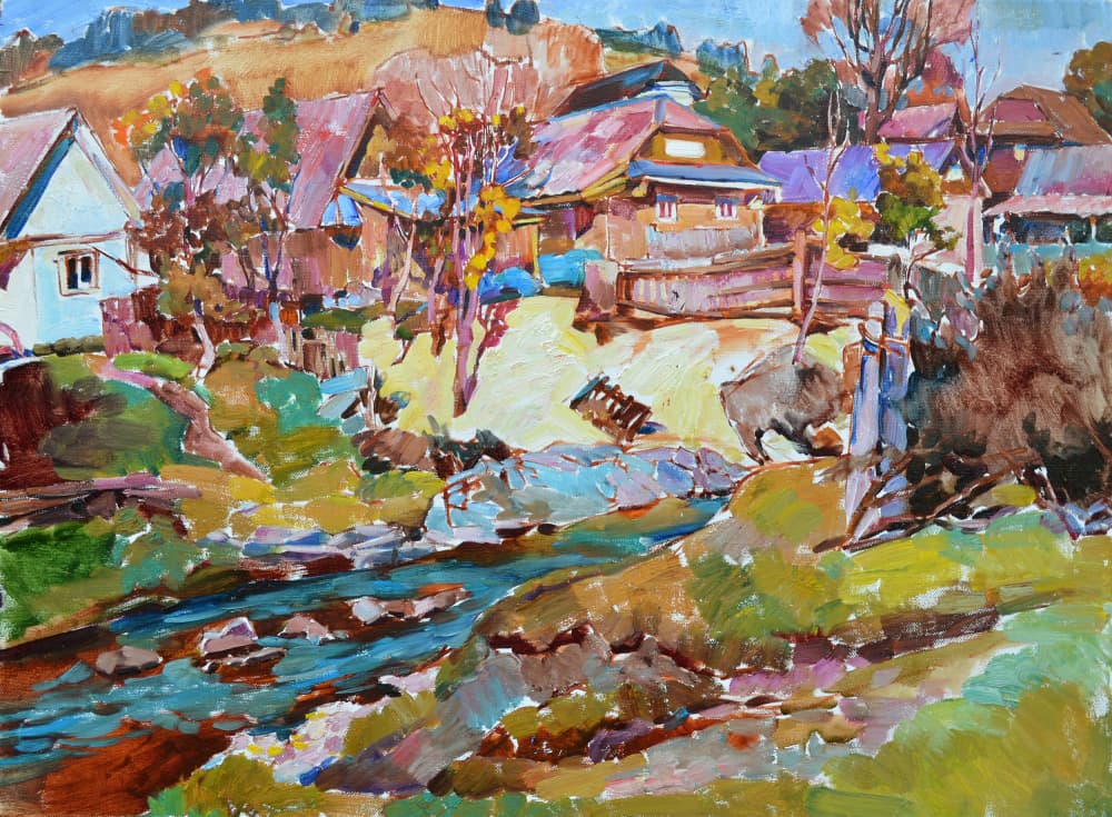 Autumn Village Stream by Andrii Kutsachenko — canvas wall art