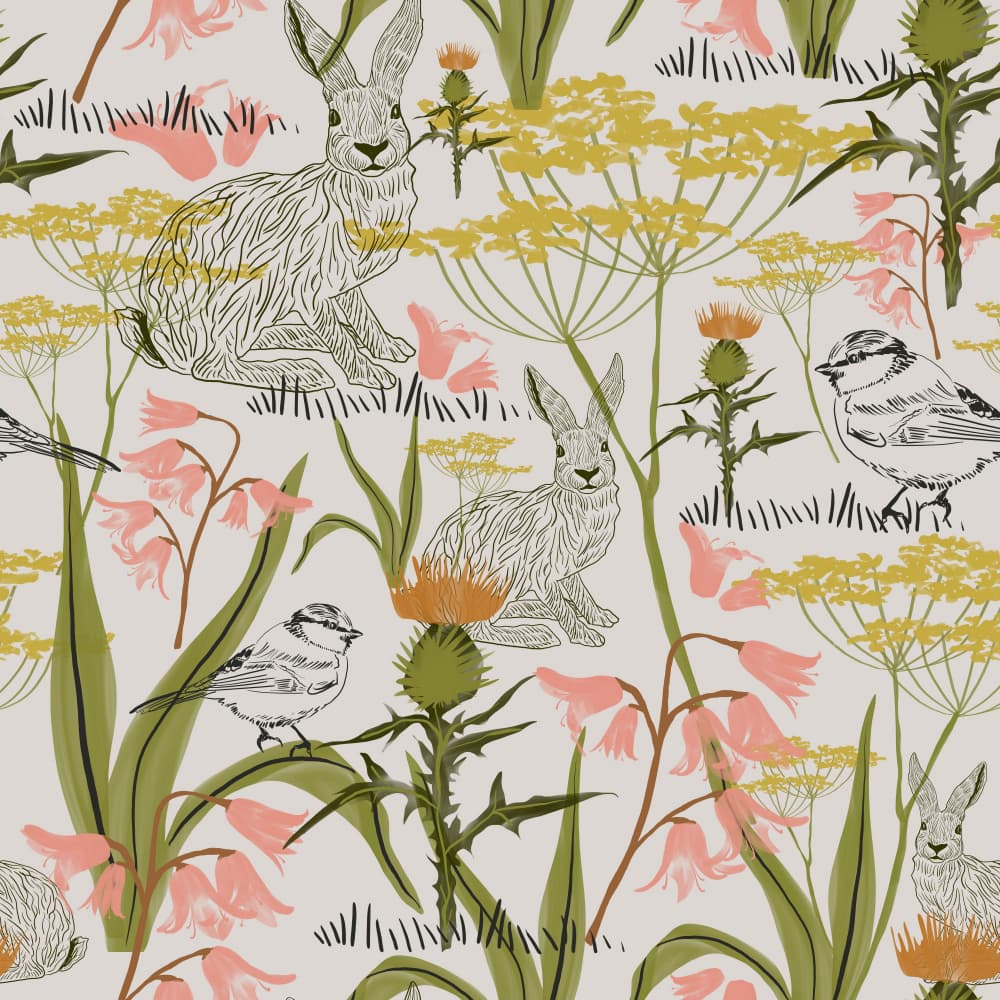 Woodland Hares and Flowers by Charlotte Trudgett — canvas wall art