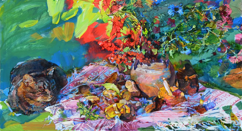 Vibrant Floral Cat Still Life by Andrii Kutsachenko — canvas wall art