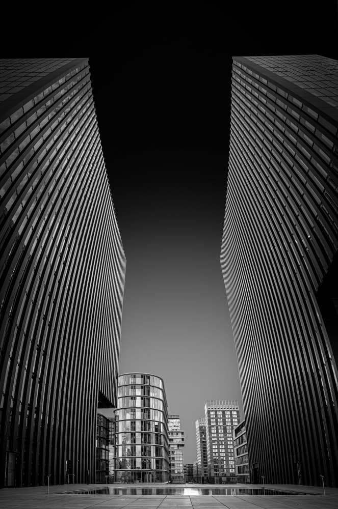 Monochrome Cityscape Curves by Jörg  Vollrath — canvas wall art
