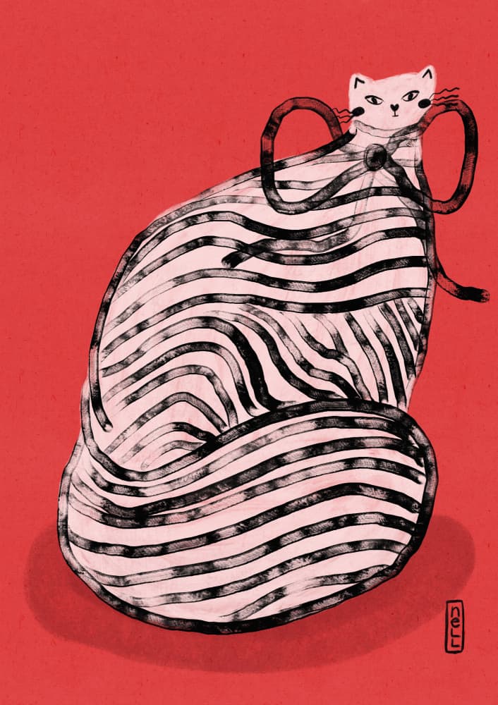 Whimsical Red Striped Cat by Dirkie Nell — canvas wall art