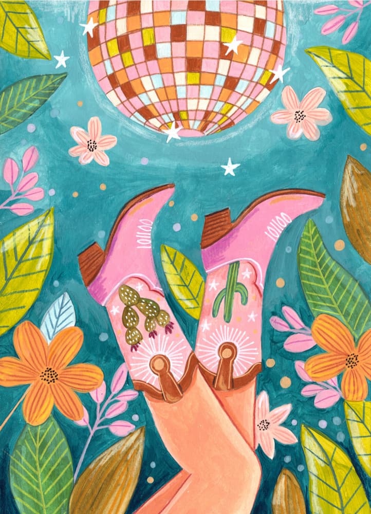 Cowboy boots and disco ball by Caroline Bonne Müller — canvas wall art