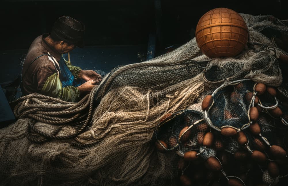 Fisherman Mending Nets by 陆风Landwind — canvas wall art