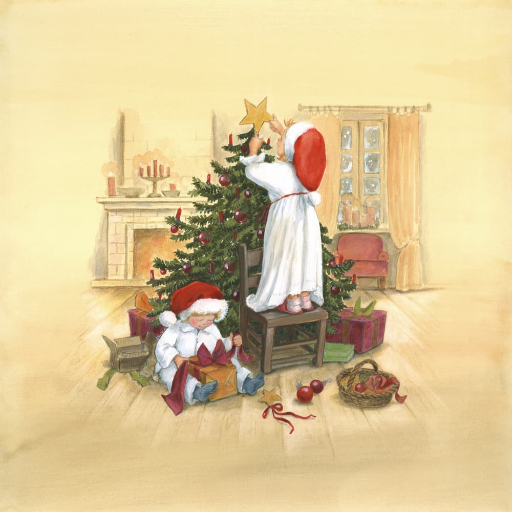 Children Decorating Christmas Tree by Renate Holzner — canvas wall art