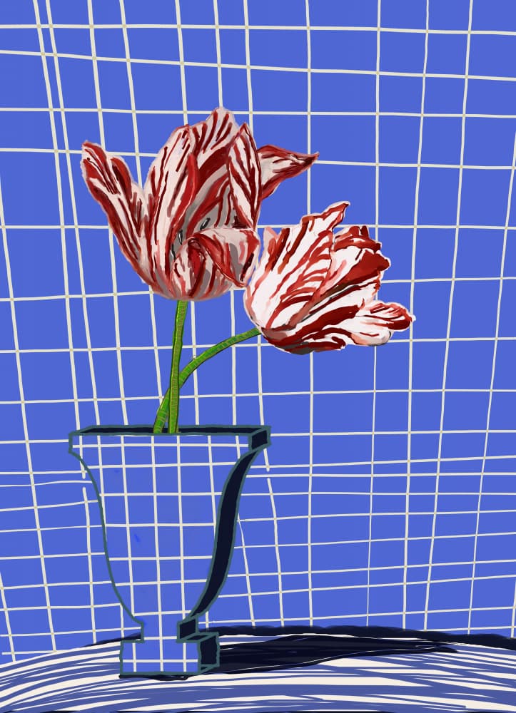 Red Tulips Blue Grid by XHOZUCAN — canvas wall art