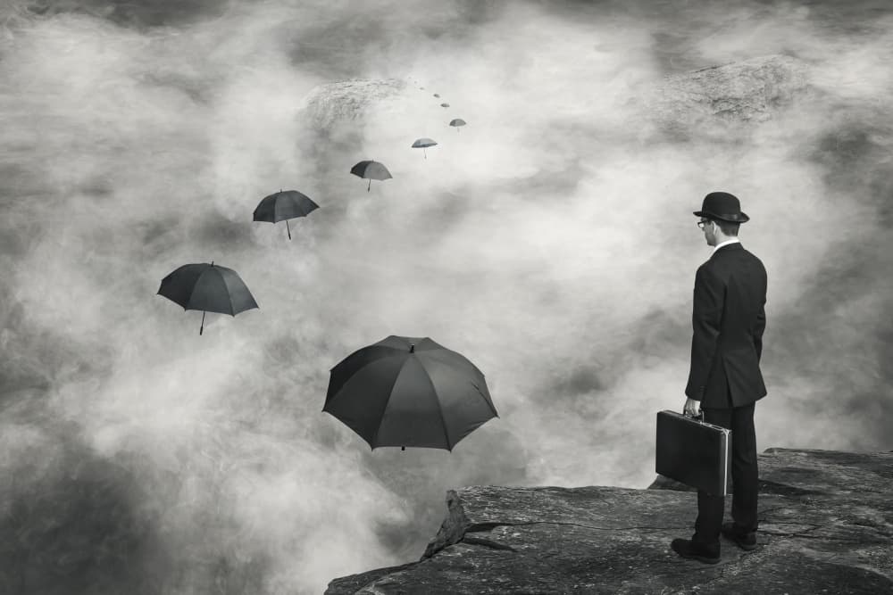 Man and Floating Umbrellas by Alain Villeneuve — canvas wall art
