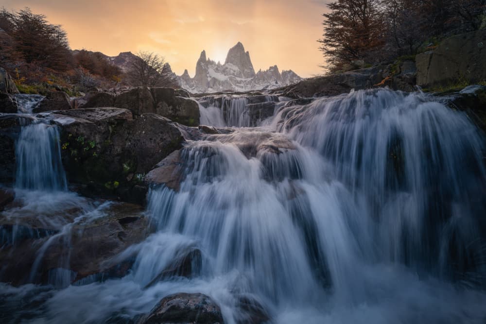 Golden Hour Mountain Waterfall by Yongnan Li （李永男） — canvas wall art