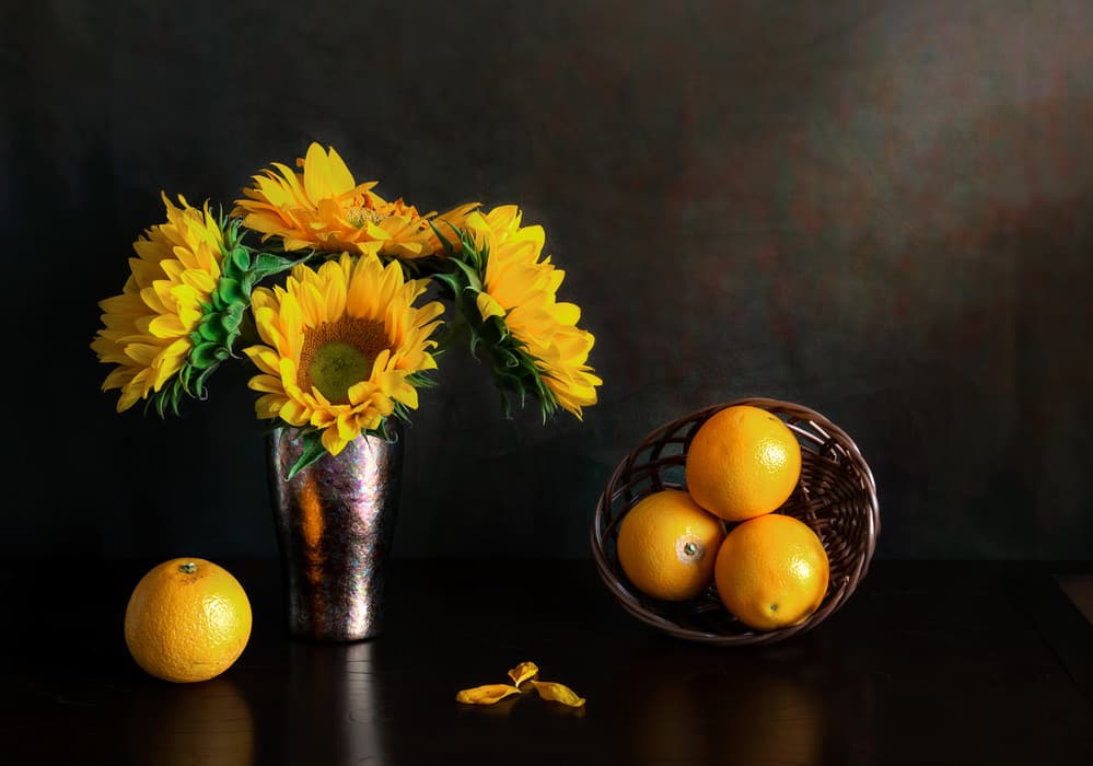 Golden Sunflowers and Oranges by Jie Fischer — canvas wall art