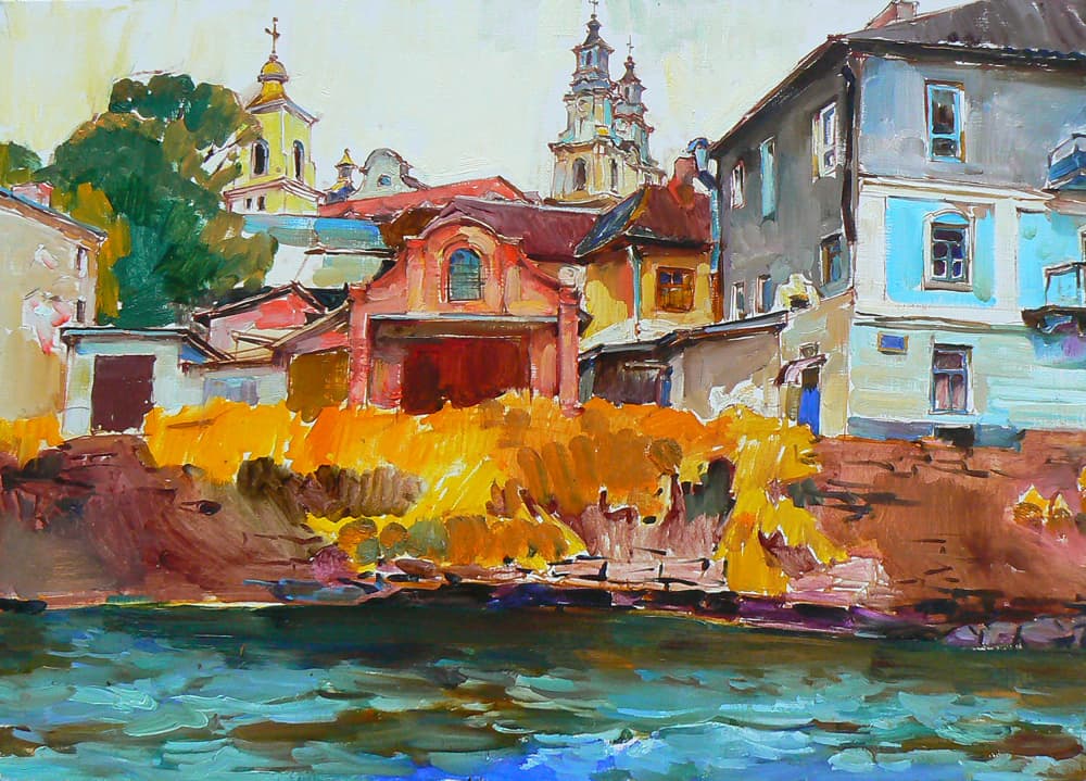 Vibrant Riverside City by Andrii Kutsachenko — canvas wall art