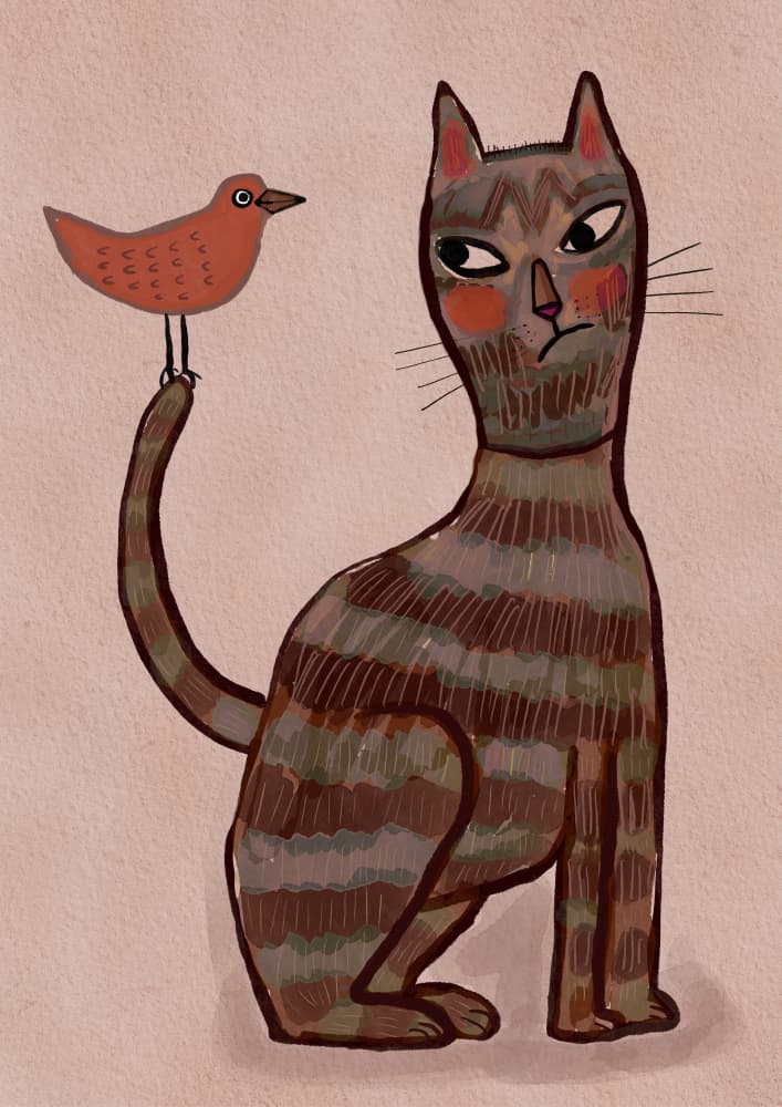 Whimsical Cat And Bird by Sharyn Bursic — canvas wall art