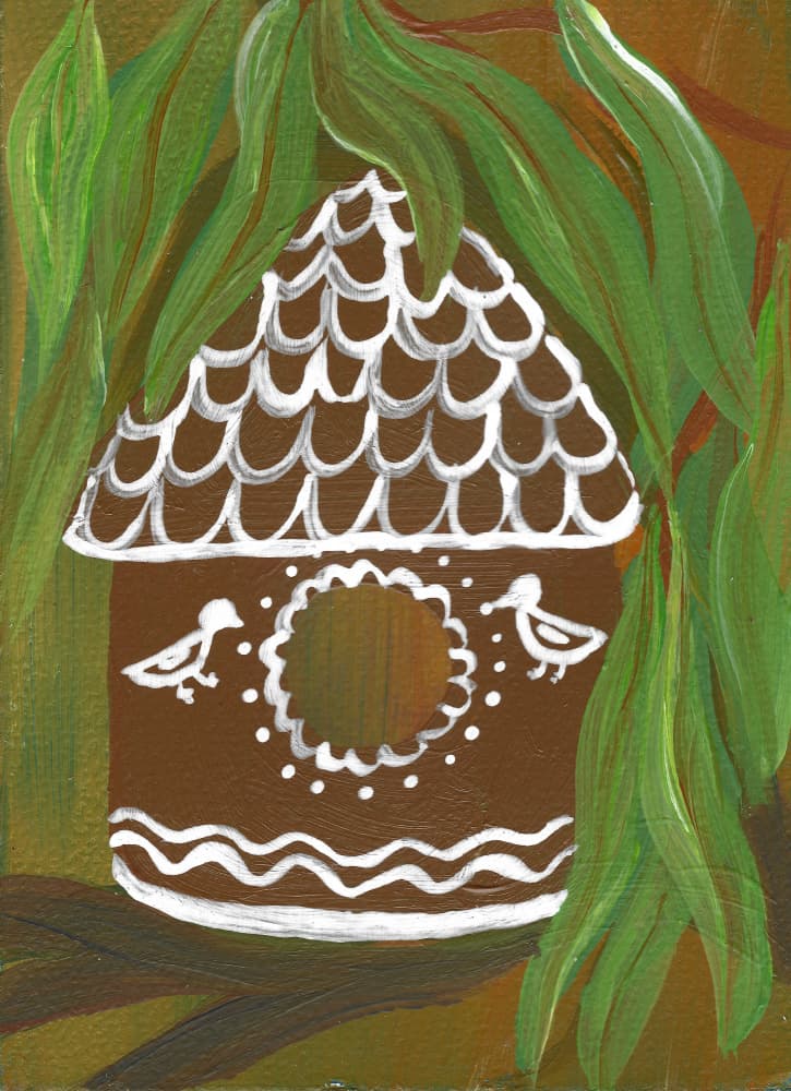 Cozy Gingerbread Birdhouse by Janine Brewster — canvas wall art