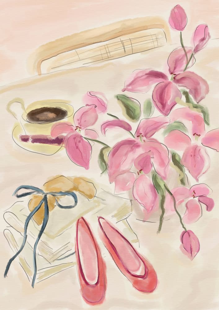 Still Life Watercolor Illustration with Ballerinas by Katharina Puritscher — canvas wall art