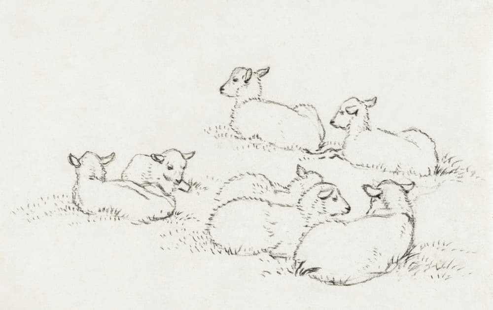 Six Lying Lambs (1820) by Jean Bernard — canvas wall art