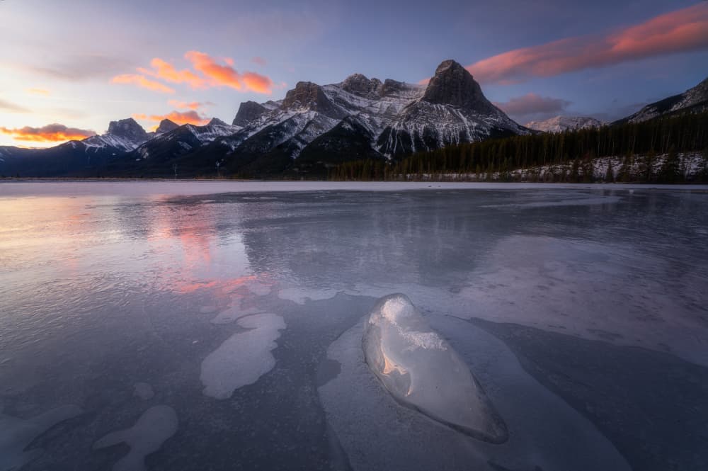 Frozen Mountain Lake Sunrise by Yongnan Li （李永男） — canvas wall art