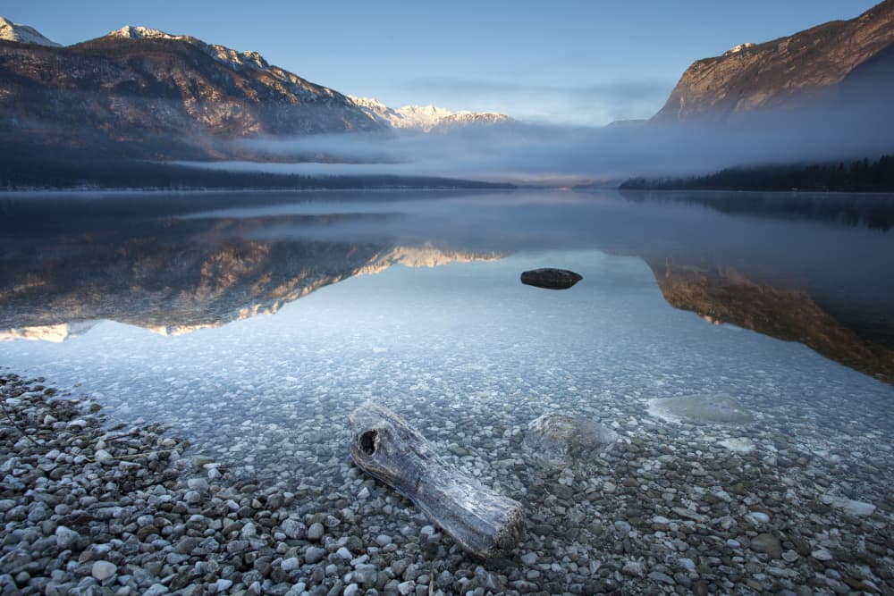 Misty Mountain Lake Reflection by Bor — canvas wall art