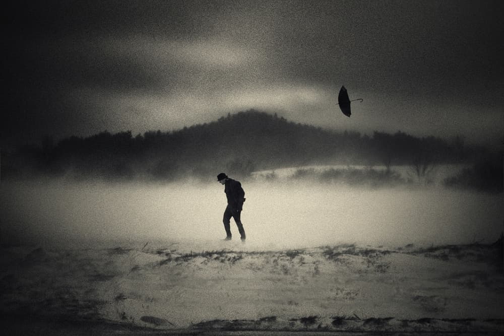 Solitary Man Lost Umbrella by Radovan Skohel — canvas wall art