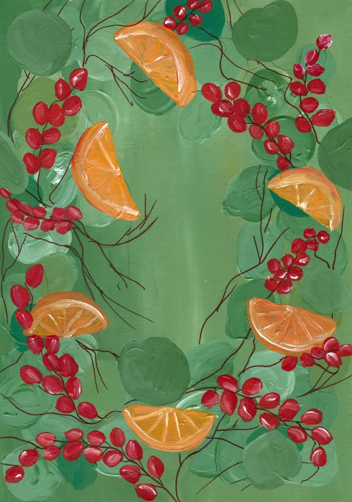 Festive Orange Berry Wreath by Janine Brewster — canvas wall art