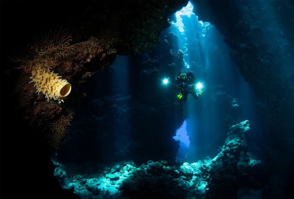 Light Rays Underwater Cave by Csaba Tokolyi — canvas wall art