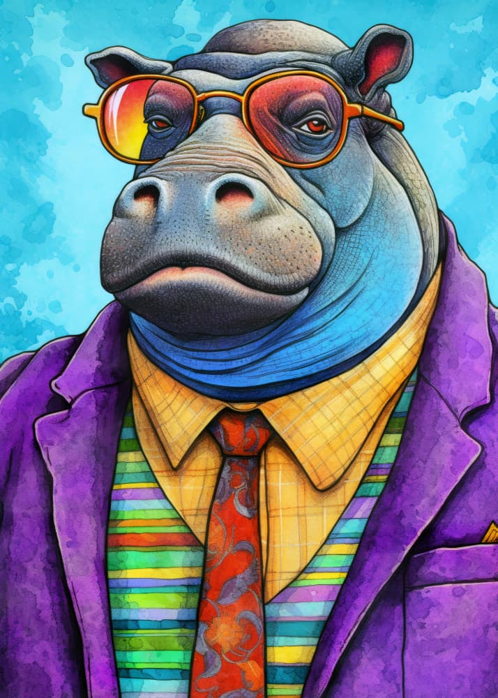 Dapper Hippo Portrait by Justyna Jaszke — canvas wall art