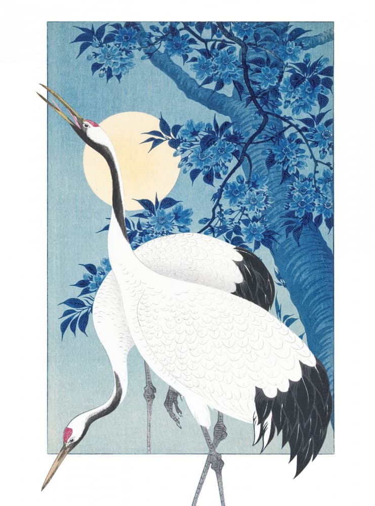 Japanese Cranes Moonlight Serenity by Marja van den Hurk — canvas wall art