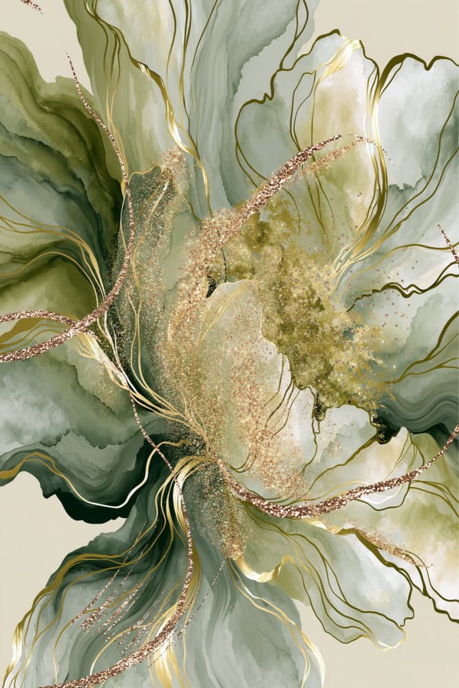 Fluid Gold Green Bloom by Sally Ann Moss — canvas wall art