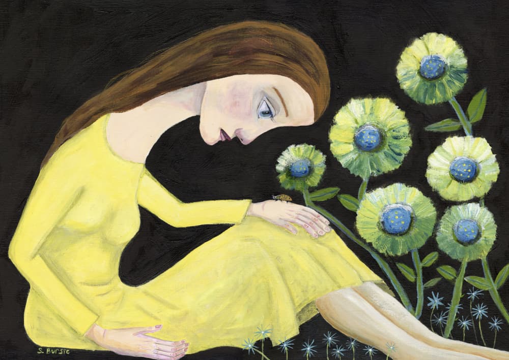 Lady With Lady Bug in yellow dress with flowers by Sharyn Bursic — canvas wall art
