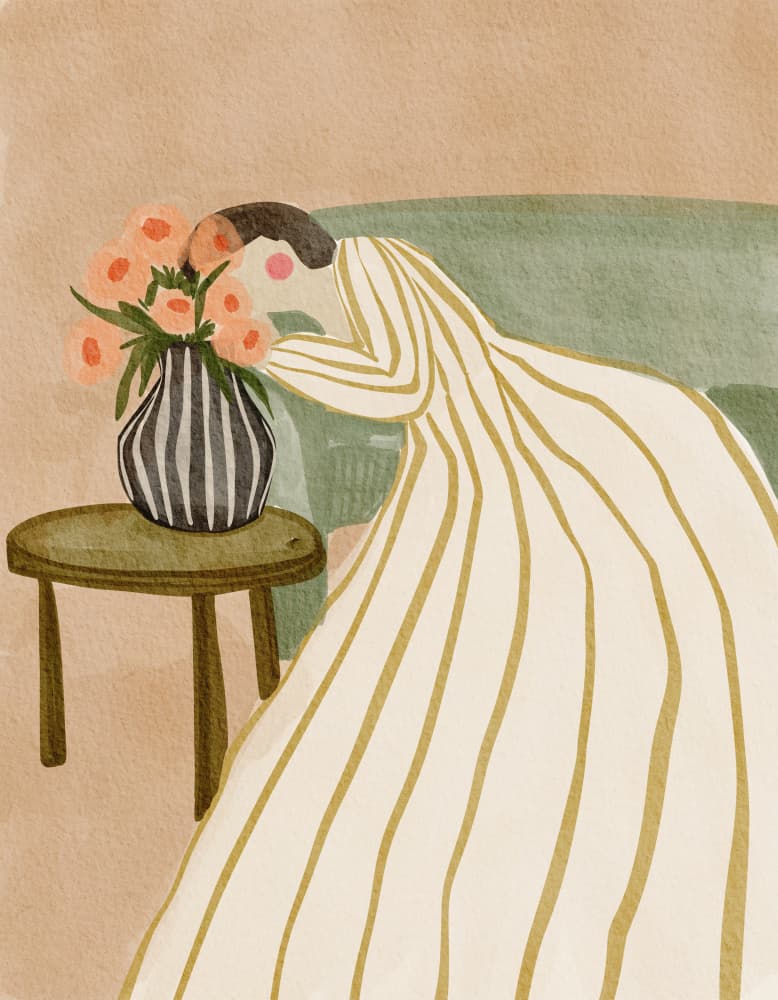 Woman Admiring Flowers by Nikita Jariwala — canvas wall art