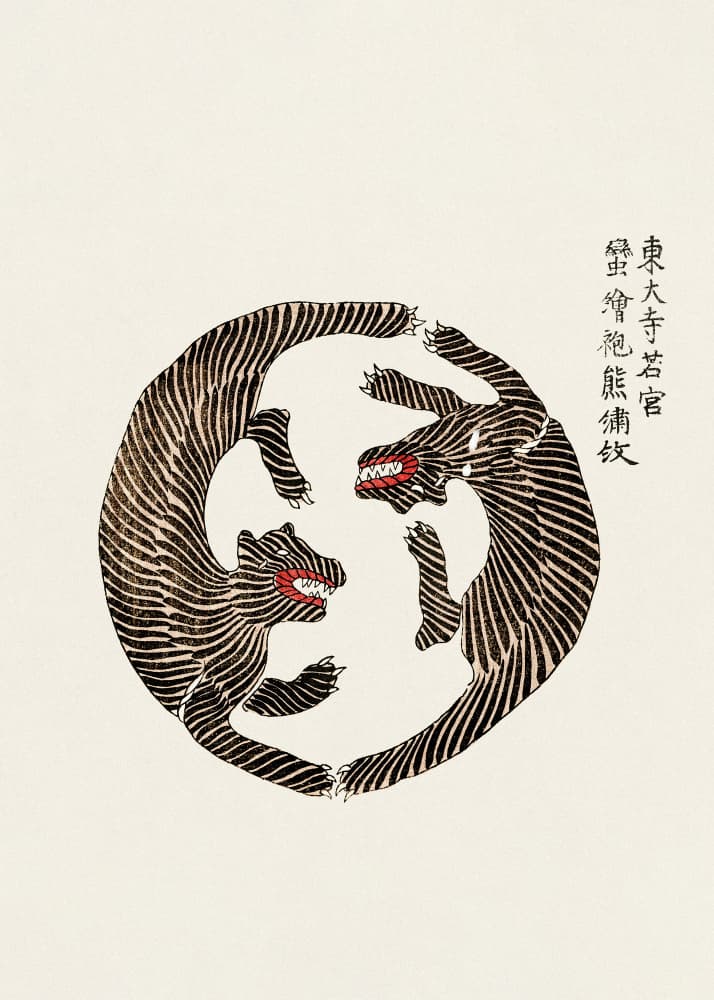 Woodblock Tigers From Yatsuo No Tsubaki by Taguchi Tomoki — canvas wall art