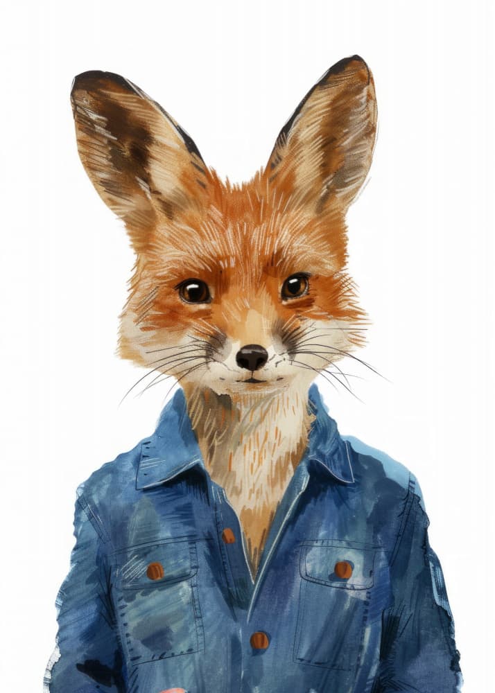 Stylish Fox In Denim Jacket by Mathieu — canvas wall art