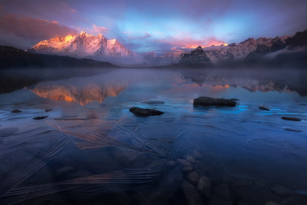 Frozen Lake Mountain Glow by Selions（陈磊） — canvas wall art