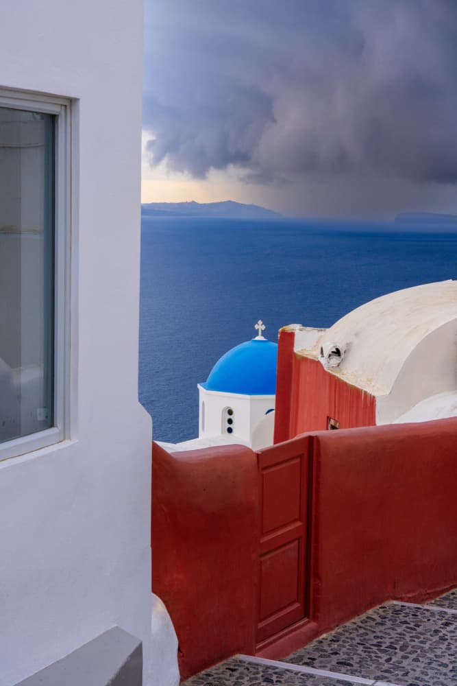 Santorini Blue Dome View by Hardik Pandya — canvas wall art