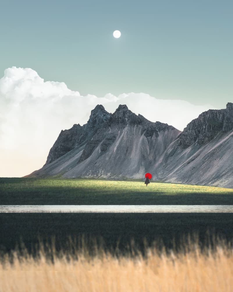 Red Umbrella Mountain Moon by cvv — canvas wall art