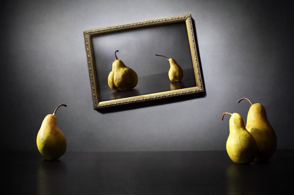 Pear Still Life Reflection by Victoria  Glinka — canvas wall art