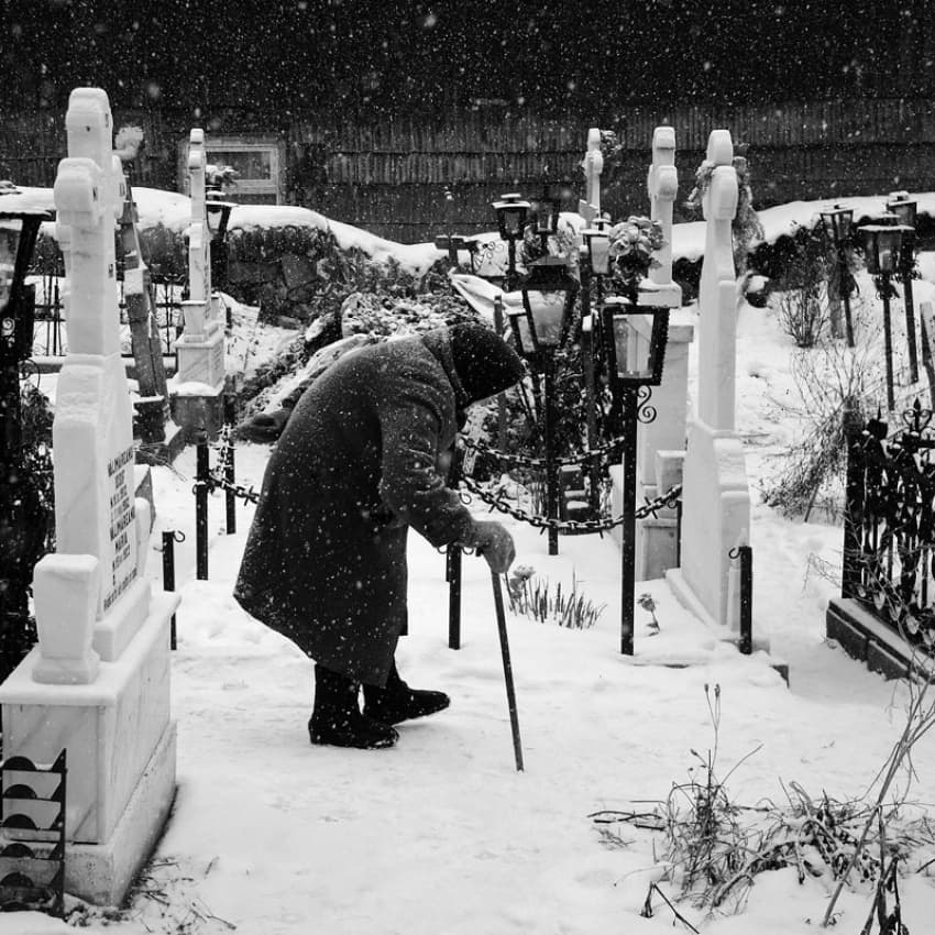 Winter Cemetery Visit by Vlad Dumitrescu — canvas wall art