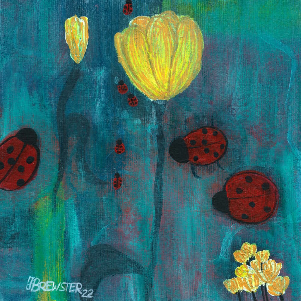 Ladybugs Among Yellow Flowers by Janine Brewster — canvas wall art