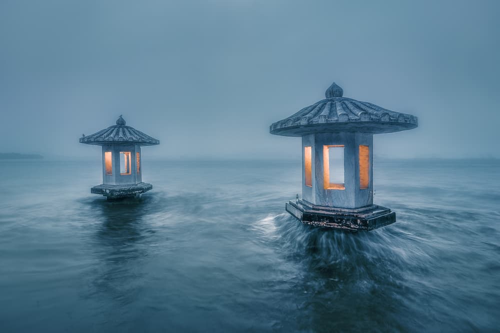 Misty Lake Lanterns by liwulei — canvas wall art