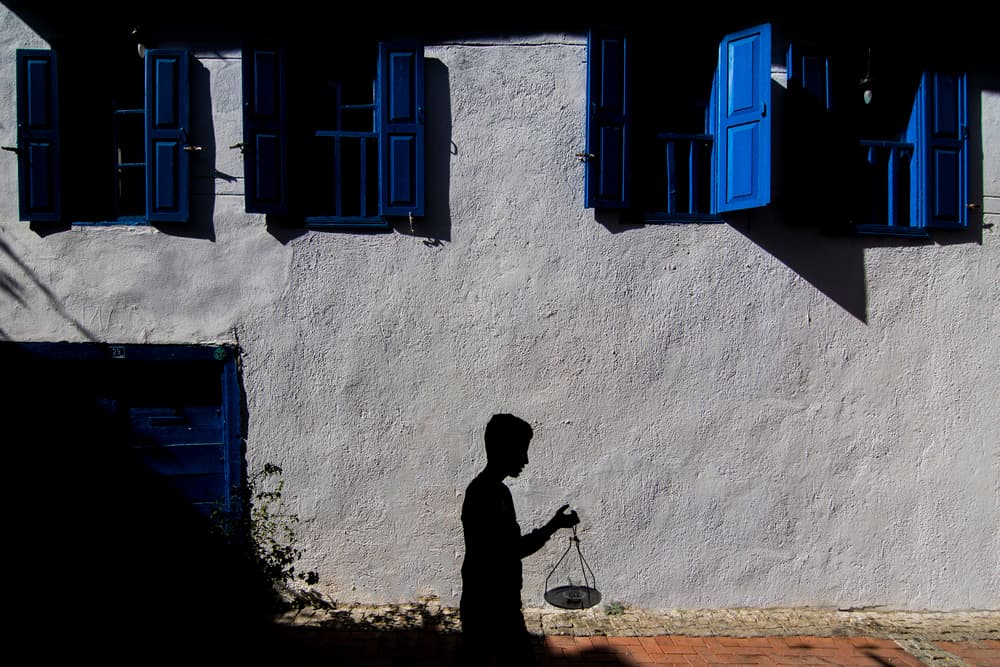 Silhouette Boy Blue Windows by Yasemin Bakan — canvas wall art