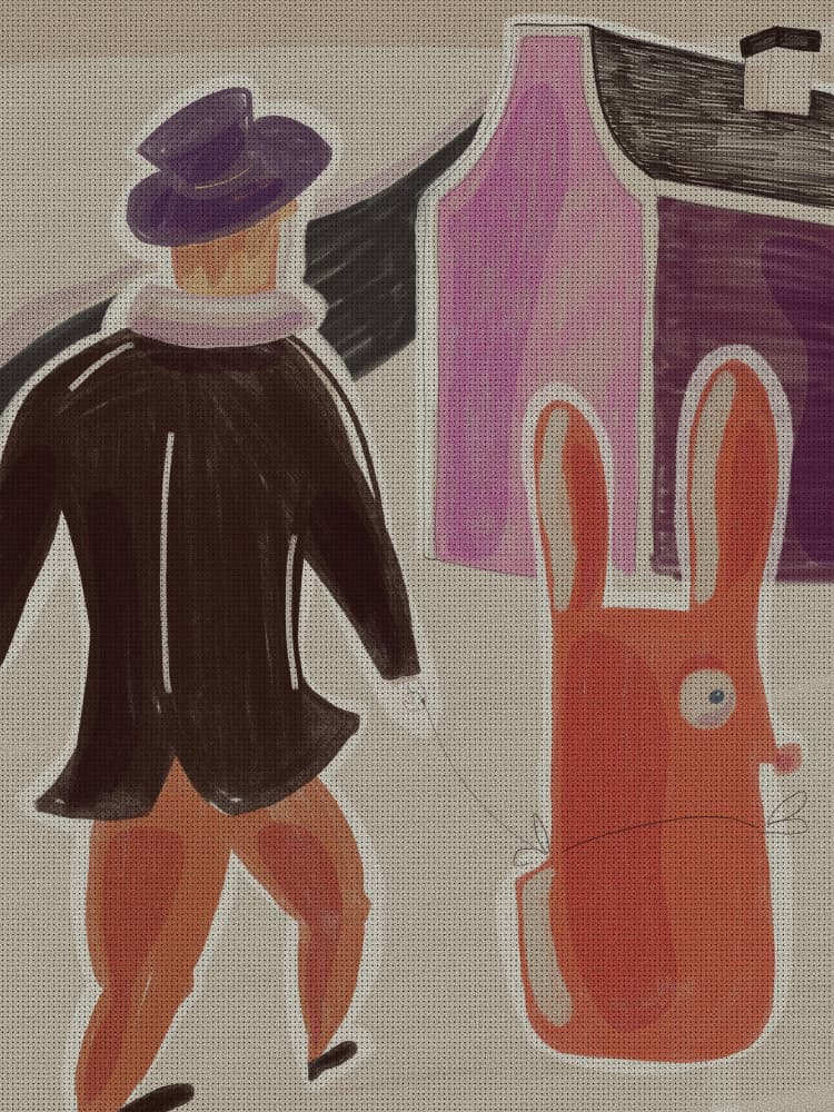 Man Walking Whimsical Rabbit by Elli’s illustrations — canvas wall art