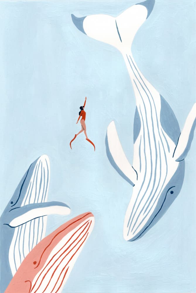 Woman And Whales Swim by Julie Lesouef — canvas wall art